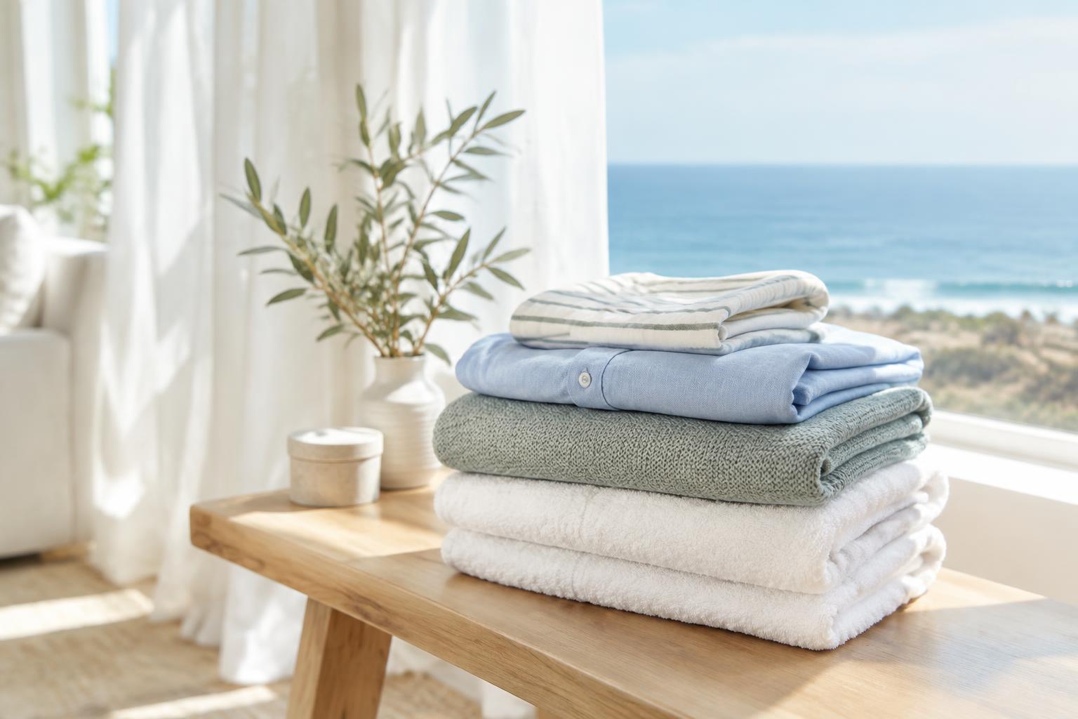 A neatly folded stack of fresh laundry by a window overlooking the ocean