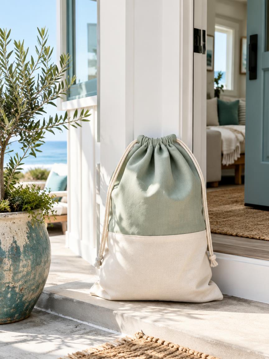 A Sorted laundry bag waiting on a doorstep for morning pickup